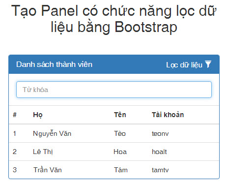 Hướng dẫn tạo Panel có chức năng lọc dữ liệu bằng Bootstrap