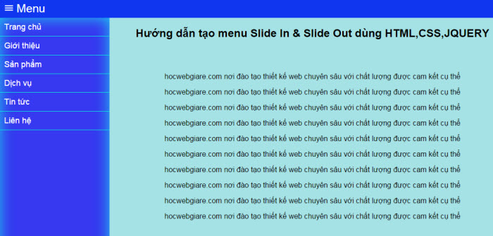 Hướng dẫn tạo menu Slide In & Slide Out dùng HTML,CSS,JQUERY